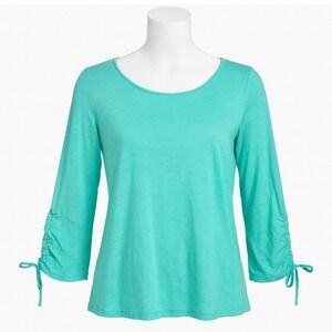 Belle Kim Gravel Ruched Sleeve Top Womens M Teal Green‎ Casual Boho Minimalist